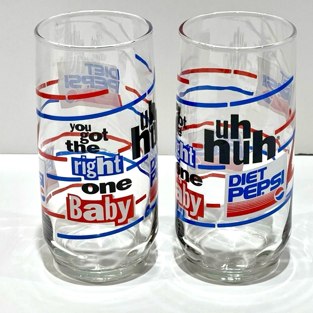 Vintage Diet Pepsi‎ 16 oz Glasses Set Of 2 You Got The Right One Baby Uh-Huh EUC